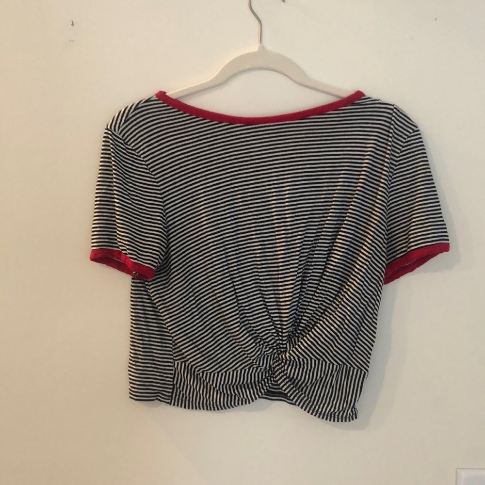 Black and White striped crop top with red detail